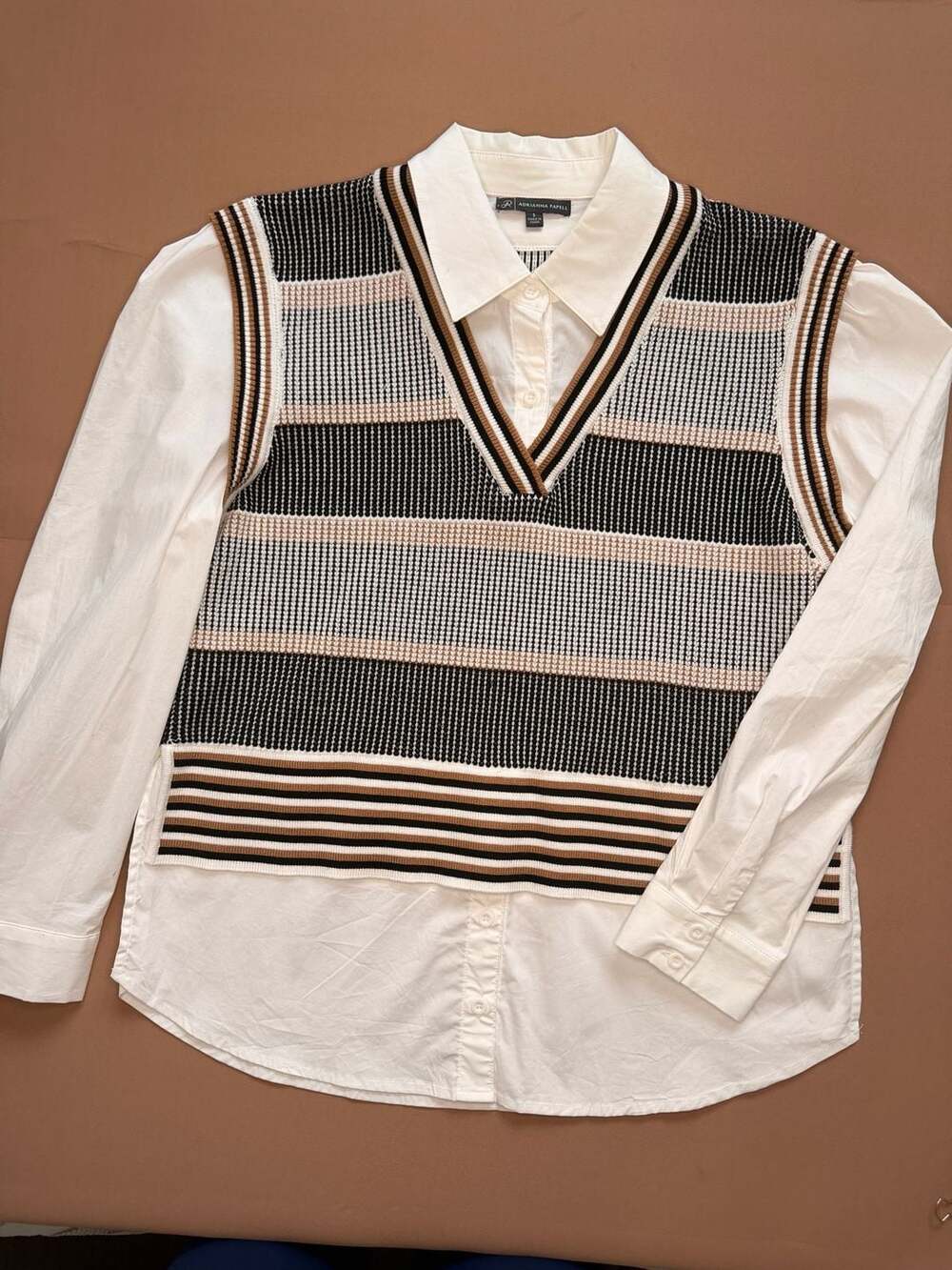 Adrianna Papell Striped Knit Sweater Vest and Button-Up Shirt Top size S